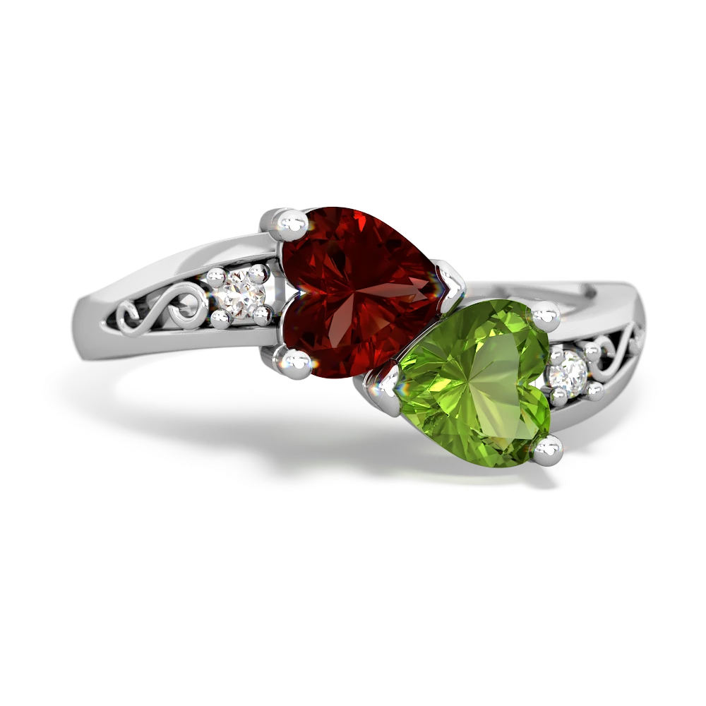 Garnet Snuggling Hearts 14K White Gold ring R2178