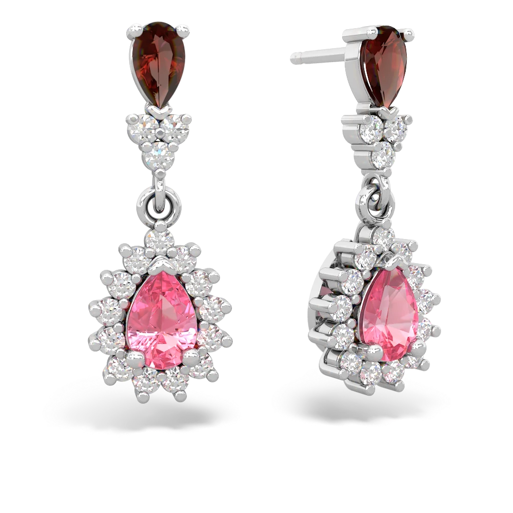 Garnet Halo Pear Dangle 14K White Gold earrings E1882