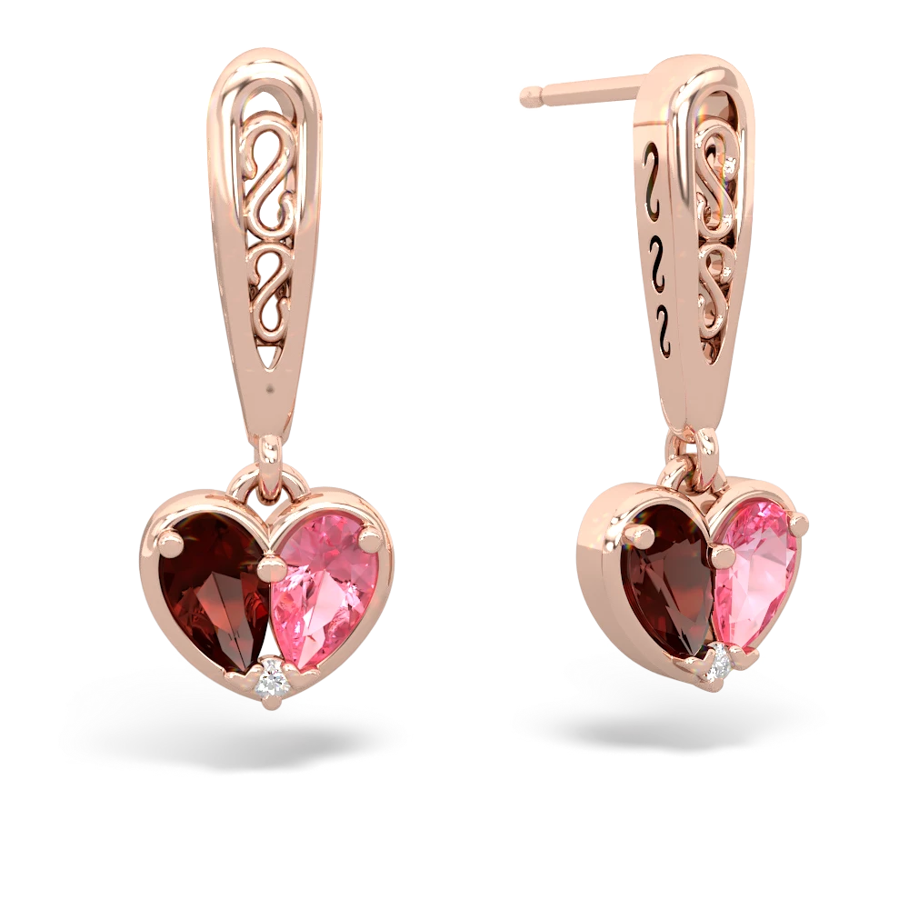 Garnet Filligree Heart 14K Rose Gold earrings E5070