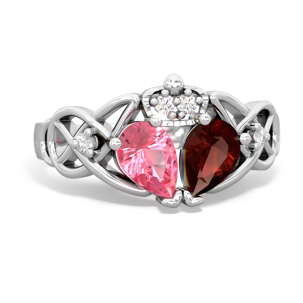 Garnet 'One Heart' Celtic Knot Claddagh 14K White Gold ring R5322