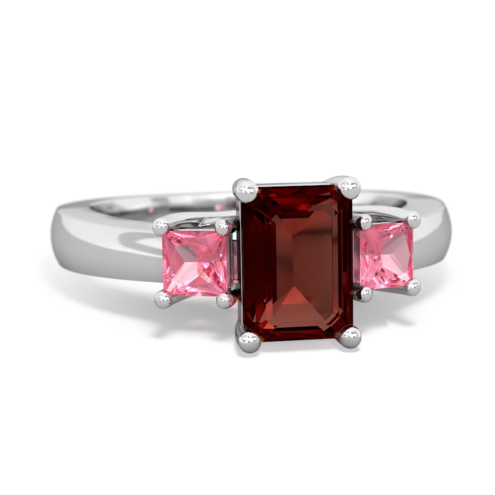 Garnet Three Stone Emerald-Cut Trellis 14K White Gold ring R4021