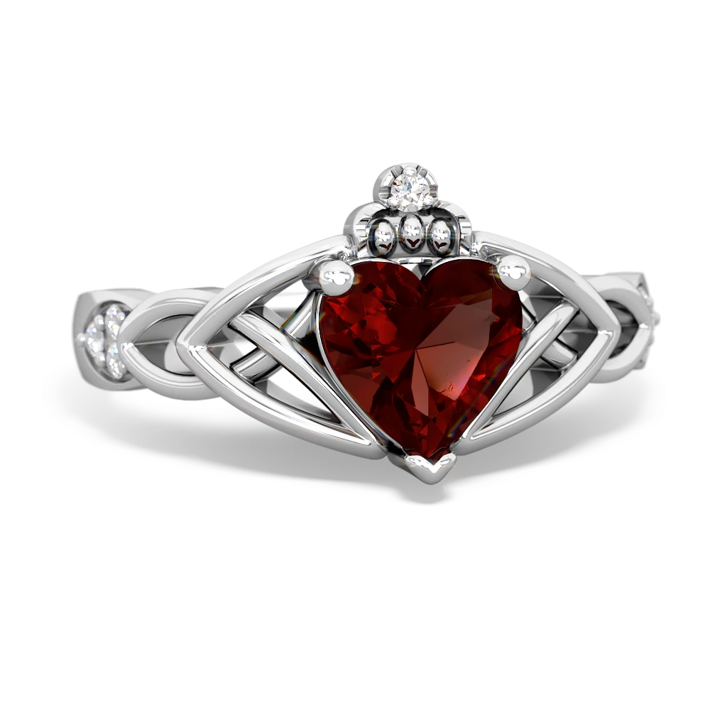 Garnet Claddagh Celtic Knot Diamond 14K White Gold ring R5001