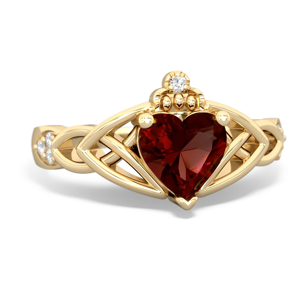 Garnet Claddagh Celtic Knot Diamond 14K Yellow Gold ring R5001