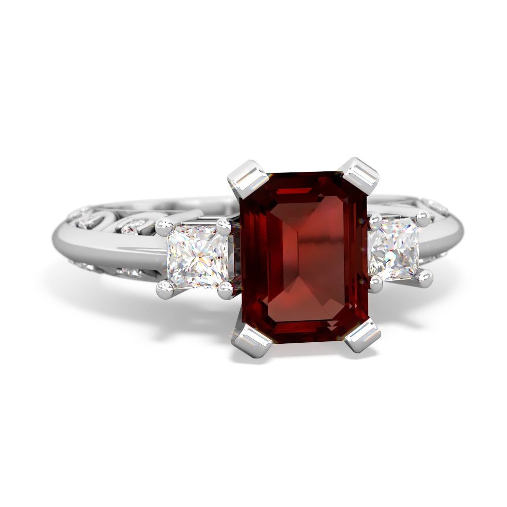 Garnet Art Deco Diamond 8X6 Emerald-Cut Engagement 14K White Gold ring R20018EM