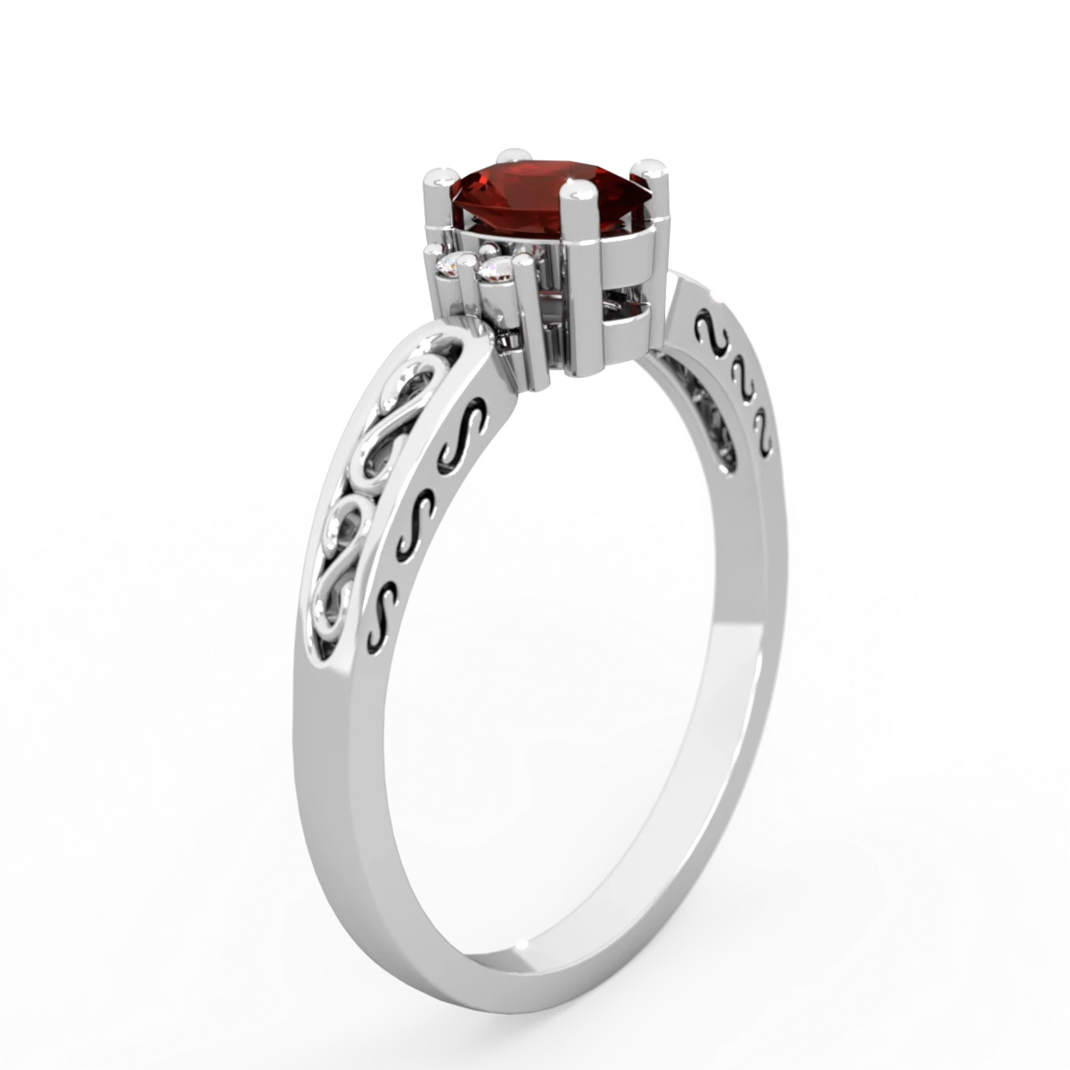 Garnet Filligree Scroll Oval 14K White Gold ring R0812