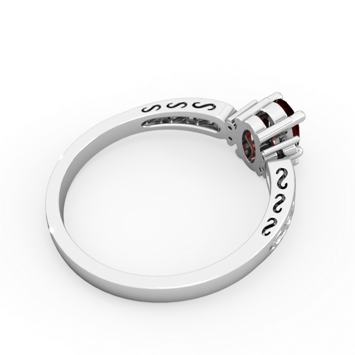 Garnet Filligree Scroll Oval 14K White Gold ring R0812