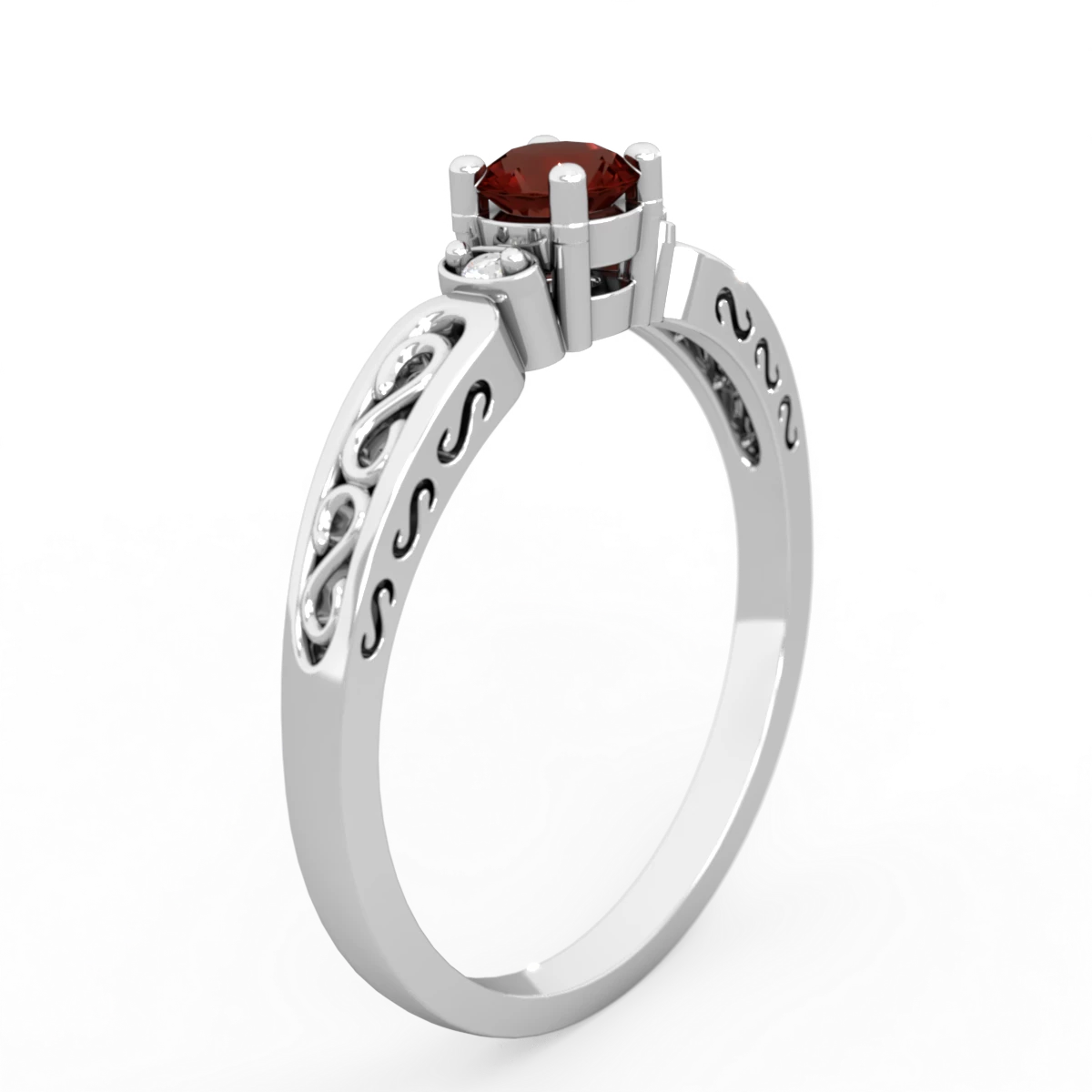 Garnet Filligree Scroll Round 14K White Gold ring R0829