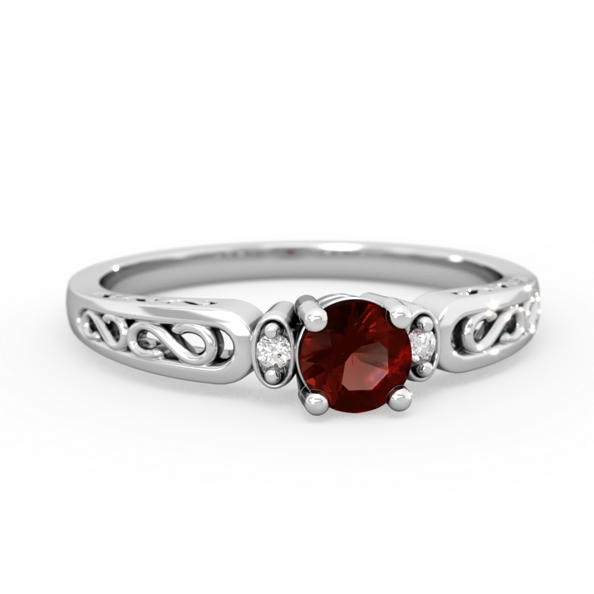 Garnet Filligree Scroll Round 14K White Gold ring R0829