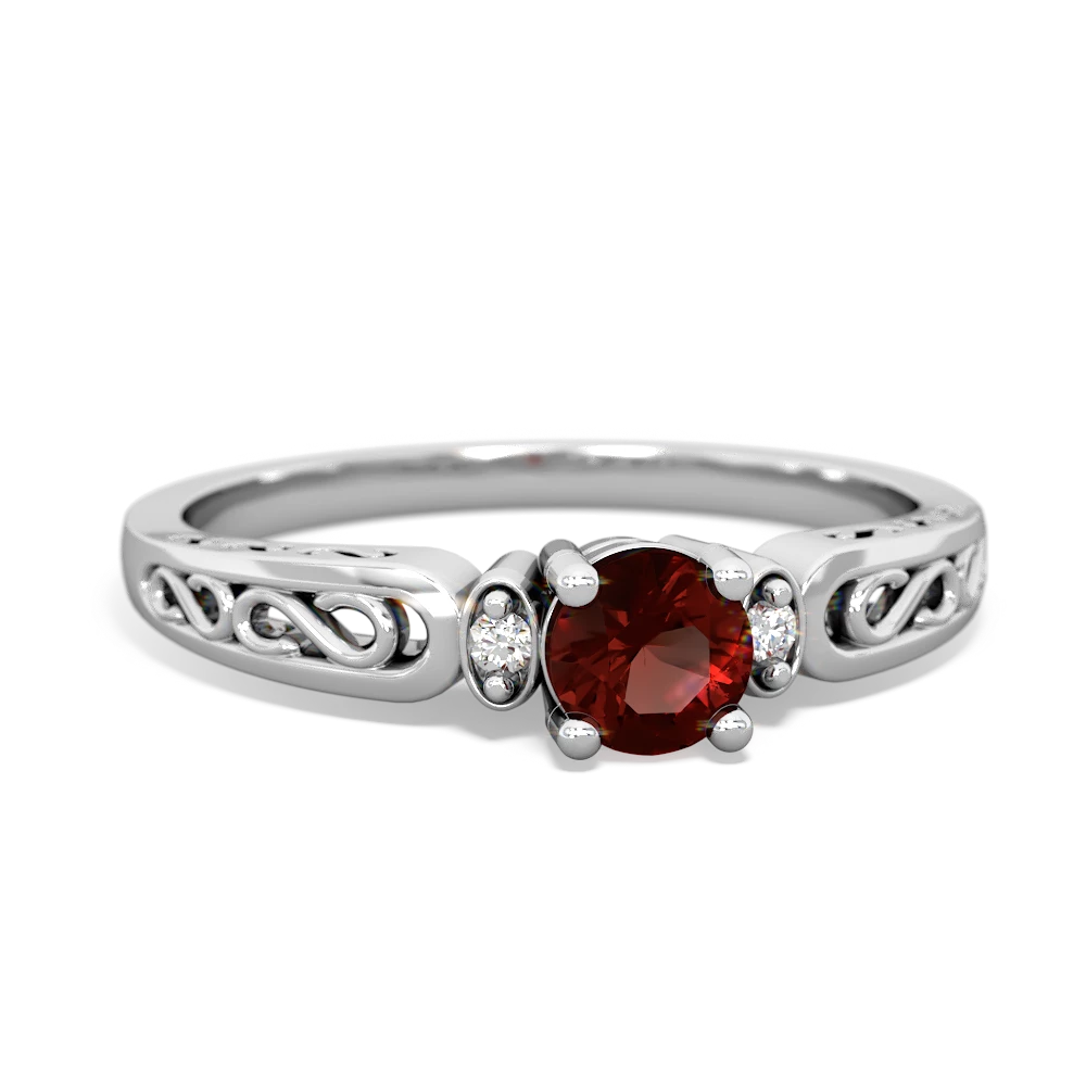 Garnet Filligree Scroll Round 14K White Gold ring R0829