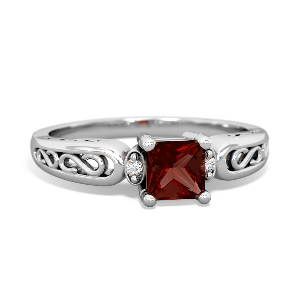 Garnet Filligree Scroll Square 14K White Gold ring R2430