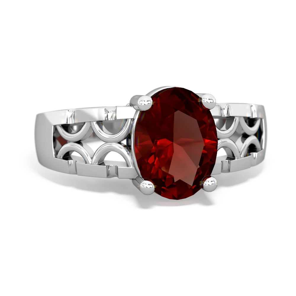 Garnet Art Deco Filigree 14K White Gold ring R2322