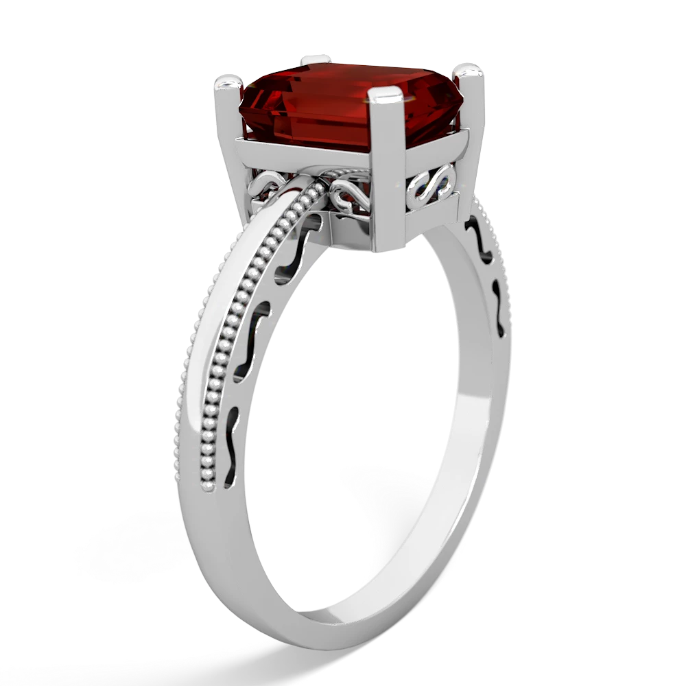 Garnet Milgrain Scroll 14K White Gold ring R2338
