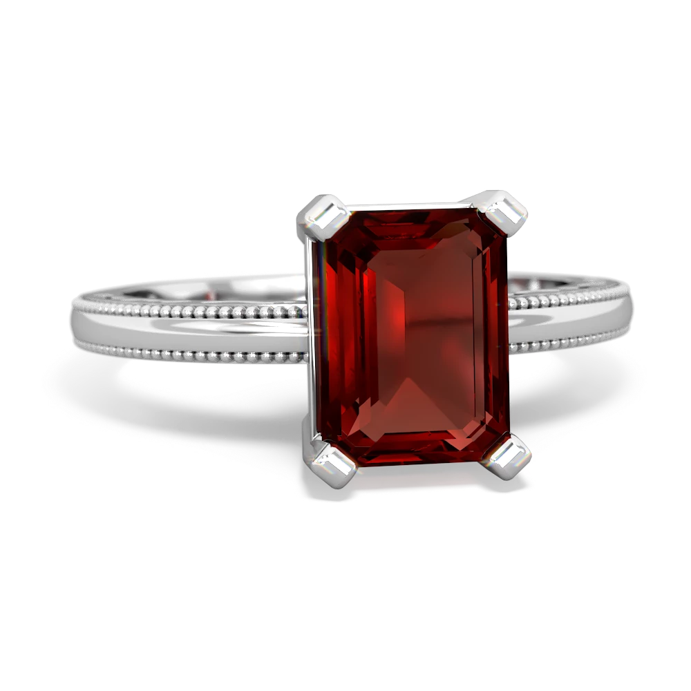 Garnet Milgrain Scroll 14K White Gold ring R2338