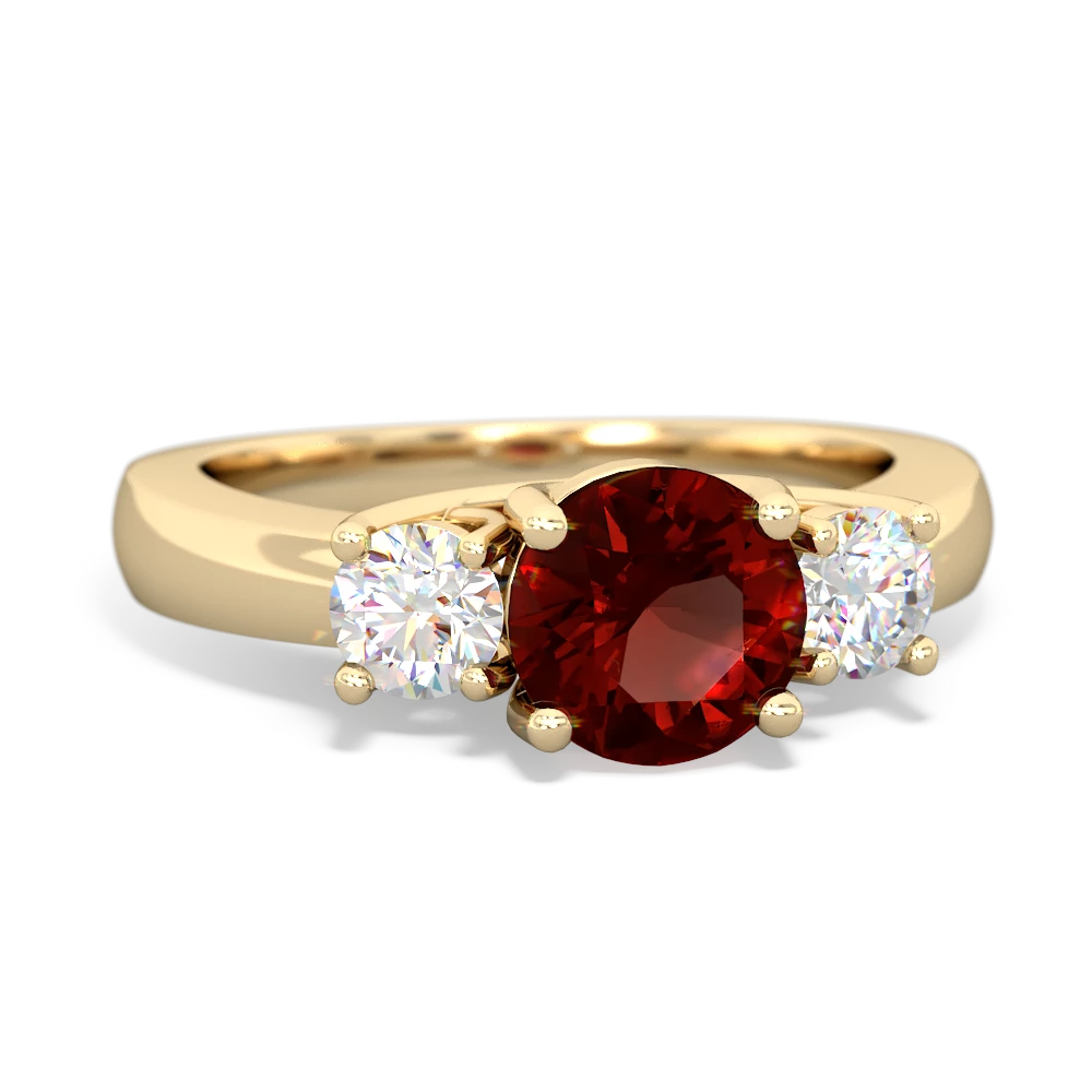 Garnet Diamond Three Stone Round Trellis 14K Yellow Gold ring R4018