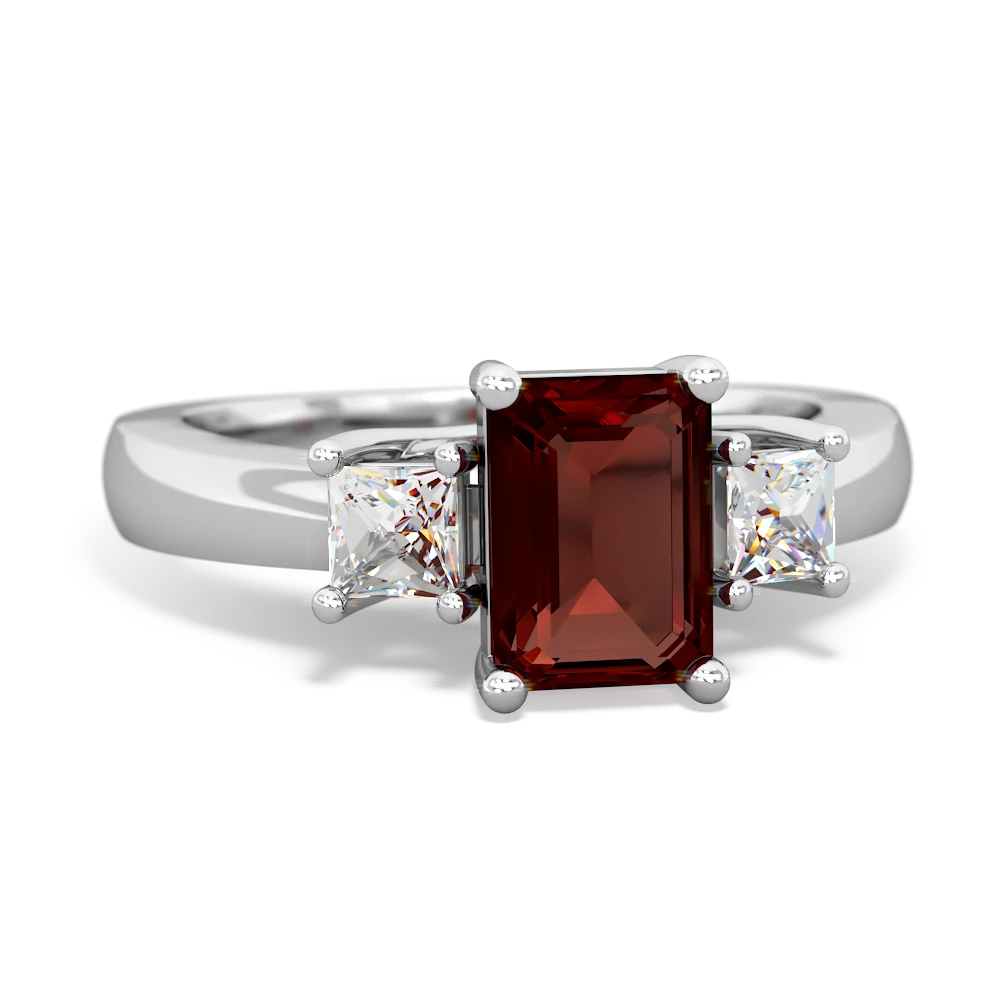 Garnet Diamond Three Stone Emerald-Cut Trellis 14K White Gold ring R4021