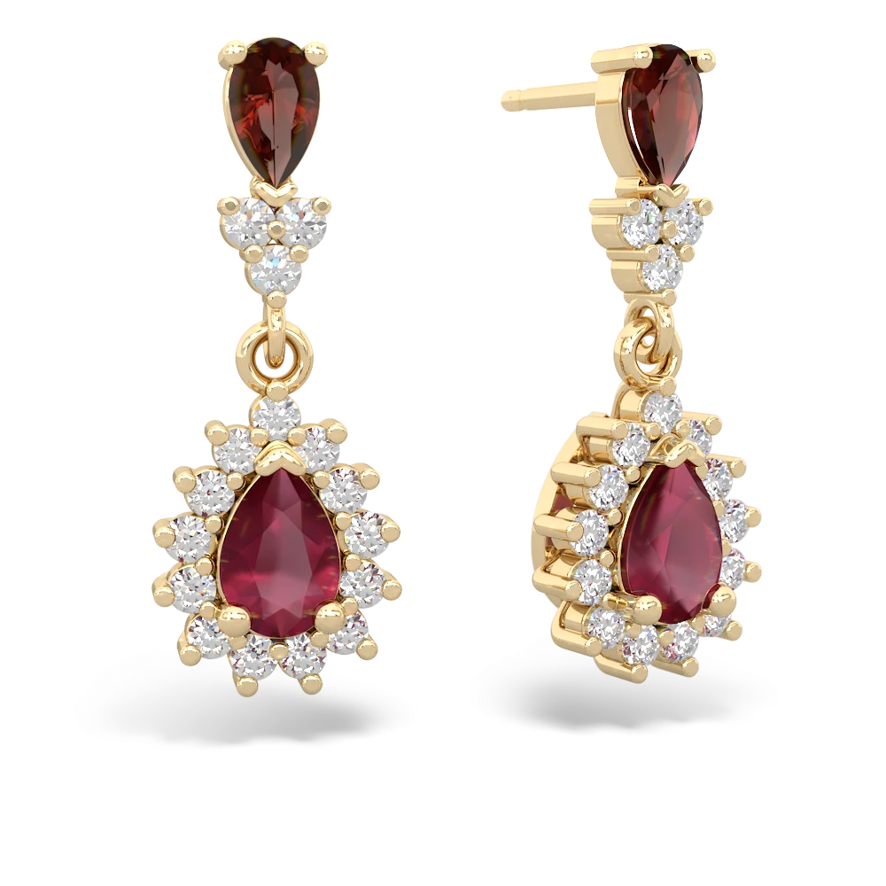 Garnet Halo Pear Dangle 14K Yellow Gold earrings E1882