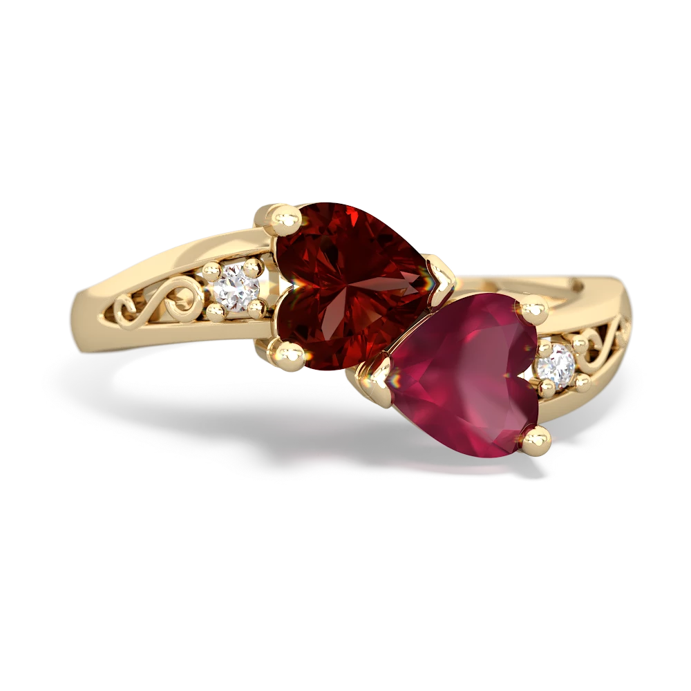 Garnet Snuggling Hearts 14K Yellow Gold ring R2178