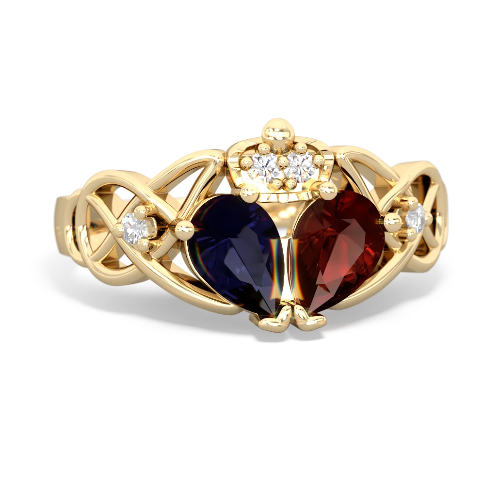 Garnet 'One Heart' Celtic Knot Claddagh 14K Yellow Gold ring R5322