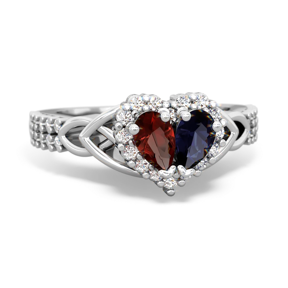 Garnet Sapphire Celtic Knot Two Hearts as One ring 14K White Gold JewelsForMe