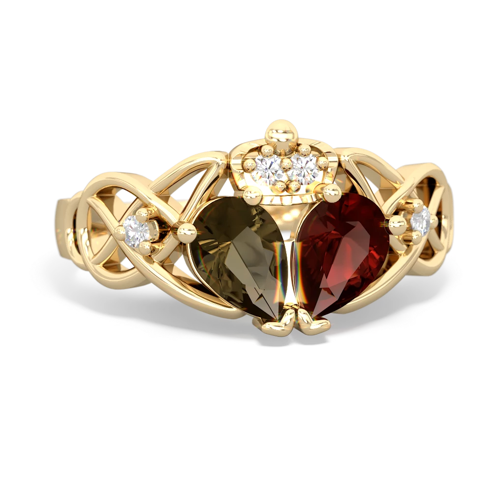 Garnet 'One Heart' Celtic Knot Claddagh 14K Yellow Gold ring R5322