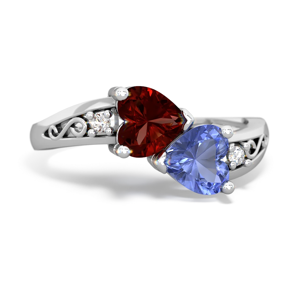 Garnet Snuggling Hearts 14K White Gold ring R2178