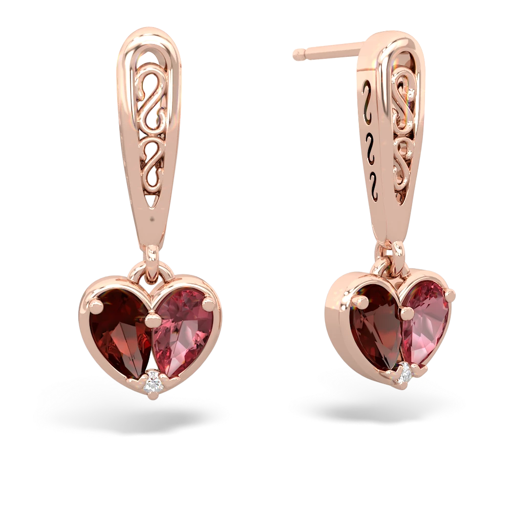 Garnet Filligree Heart 14K Rose Gold earrings E5070