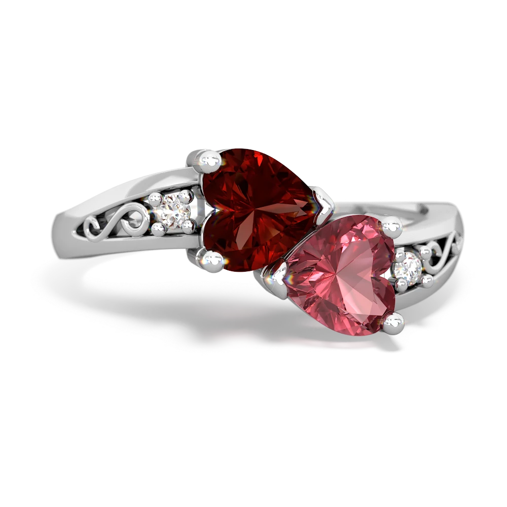 Garnet Snuggling Hearts 14K White Gold ring R2178