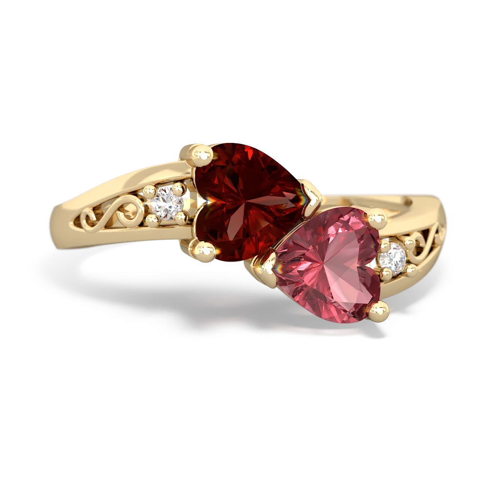 Garnet Snuggling Hearts 14K Yellow Gold ring R2178