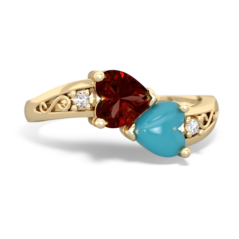 Garnet Snuggling Hearts 14K Yellow Gold ring R2178