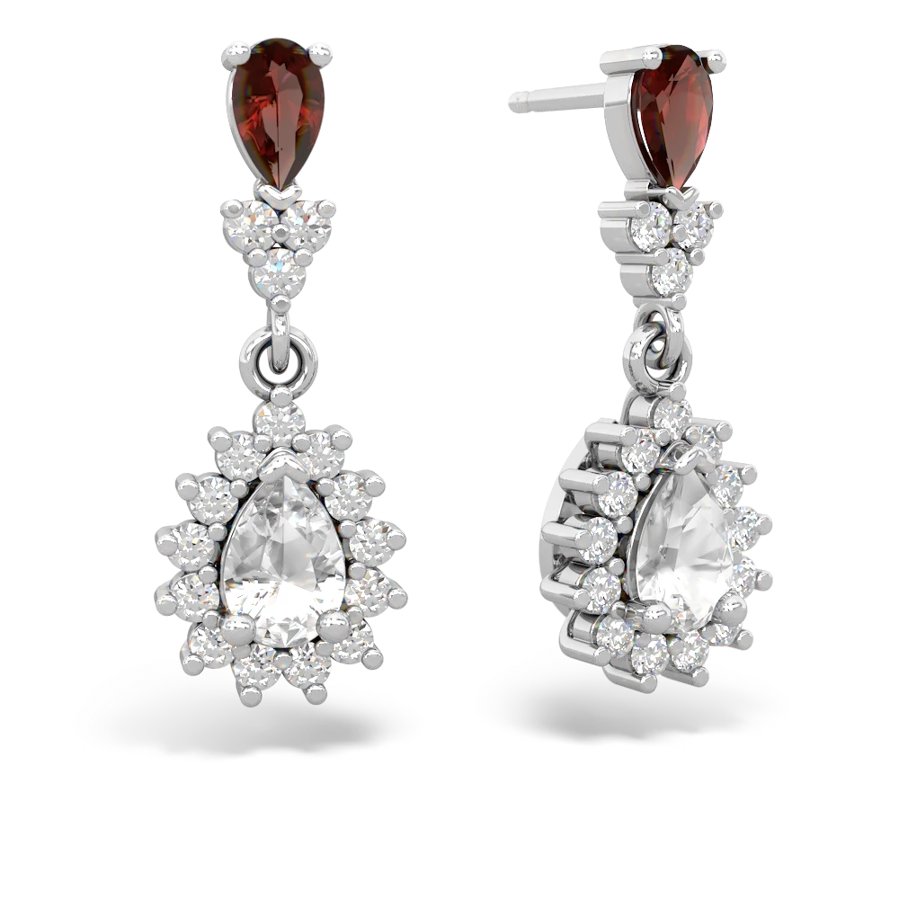 Garnet Halo Pear Dangle 14K White Gold earrings E1882