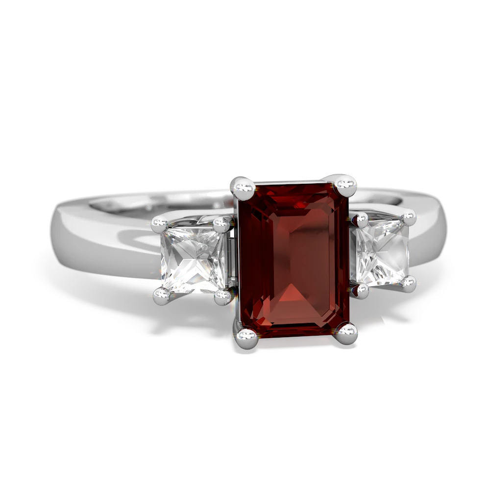 Garnet Three Stone Emerald-Cut Trellis 14K White Gold ring R4021