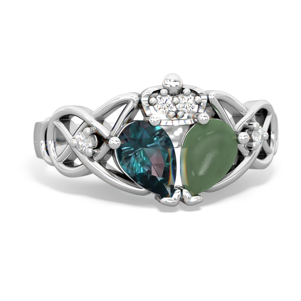 Jade 'One Heart' Celtic Knot Claddagh 14K White Gold ring R5322