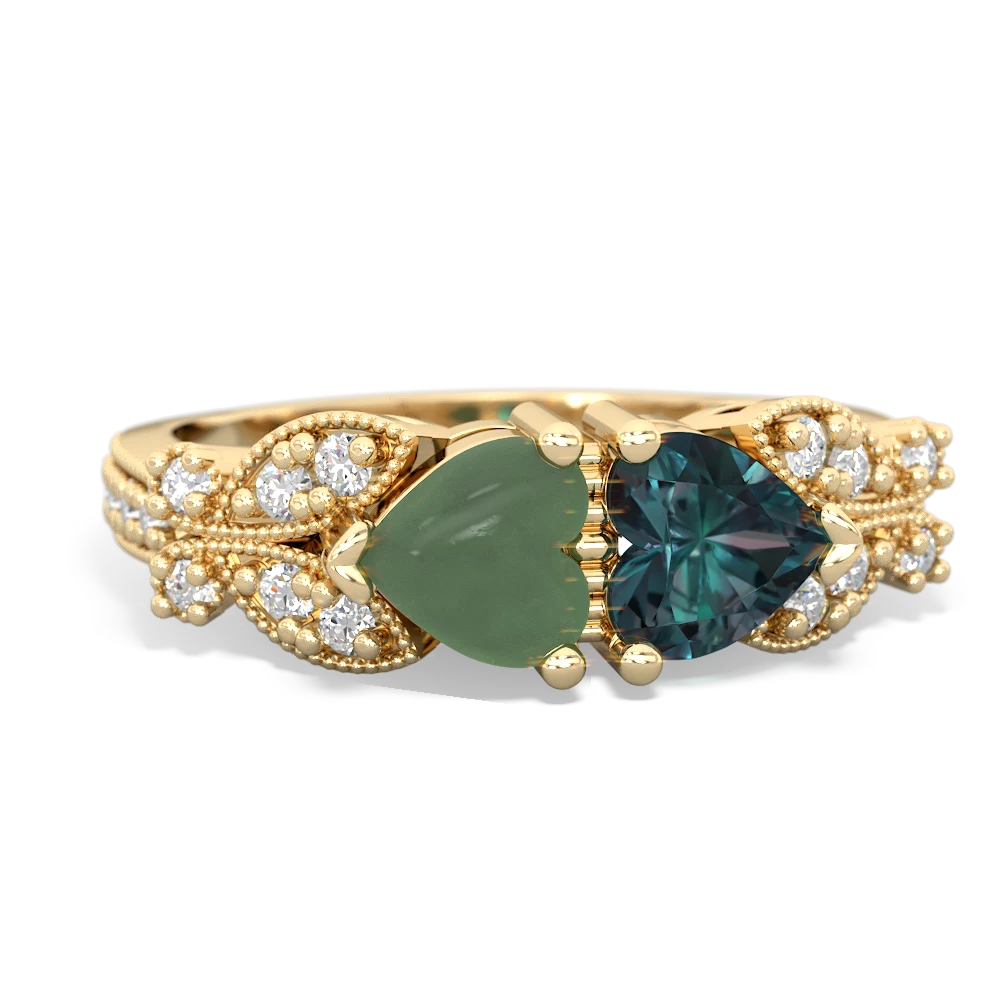 Jade Diamond Butterflies 14K Yellow Gold ring R5601