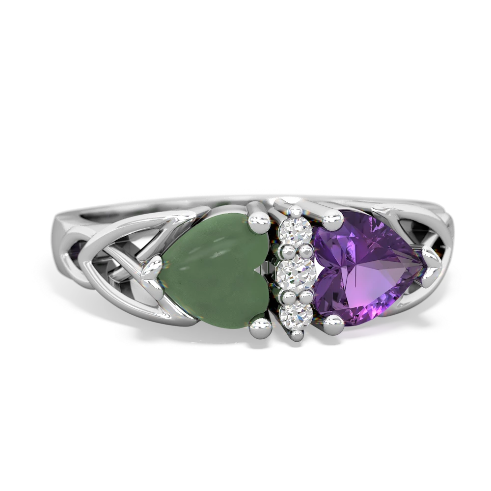 Jade Celtic Knot Double Heart 14K White Gold ring R5040