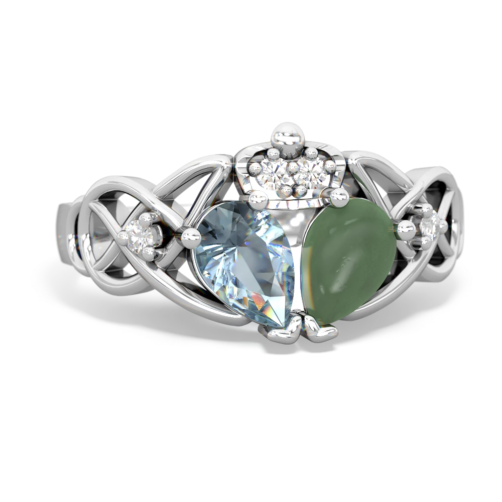 Jade 'One Heart' Celtic Knot Claddagh 14K White Gold ring R5322