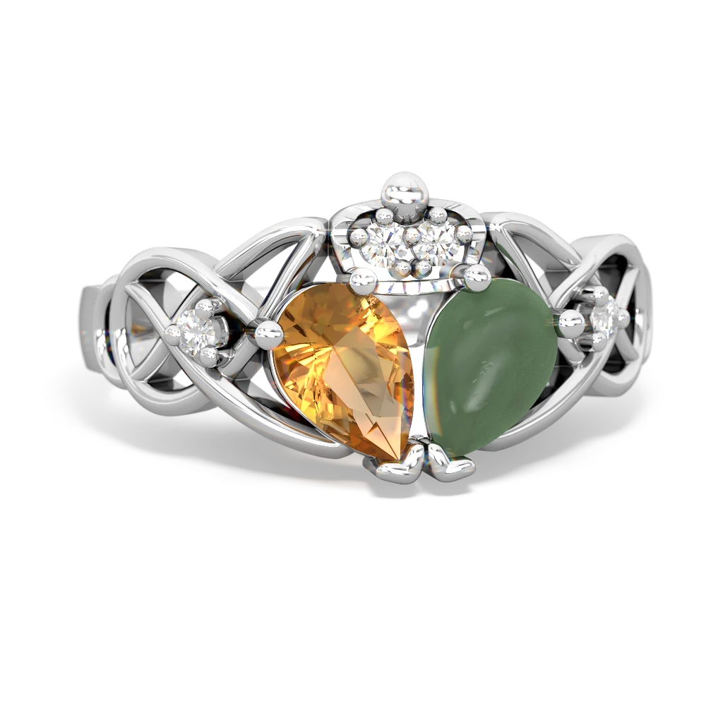 Jade 'One Heart' Celtic Knot Claddagh 14K White Gold ring R5322