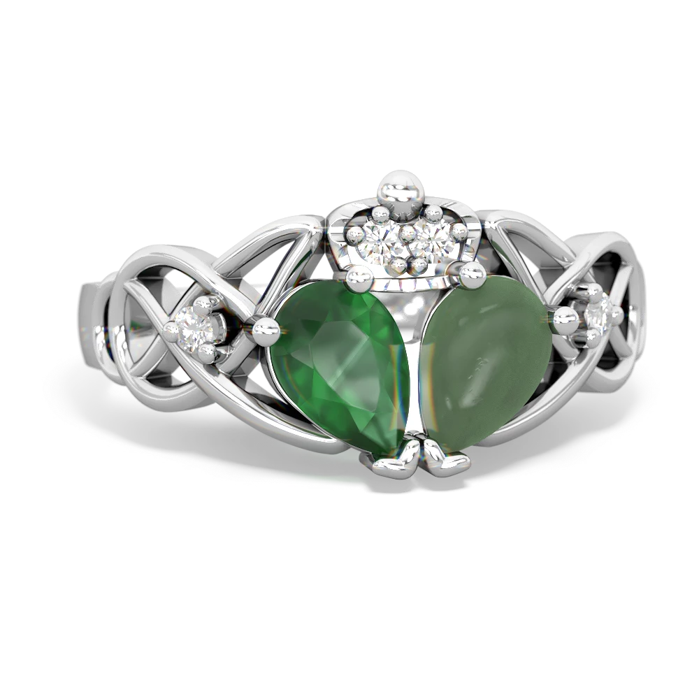 Jade 'One Heart' Celtic Knot Claddagh 14K White Gold ring R5322