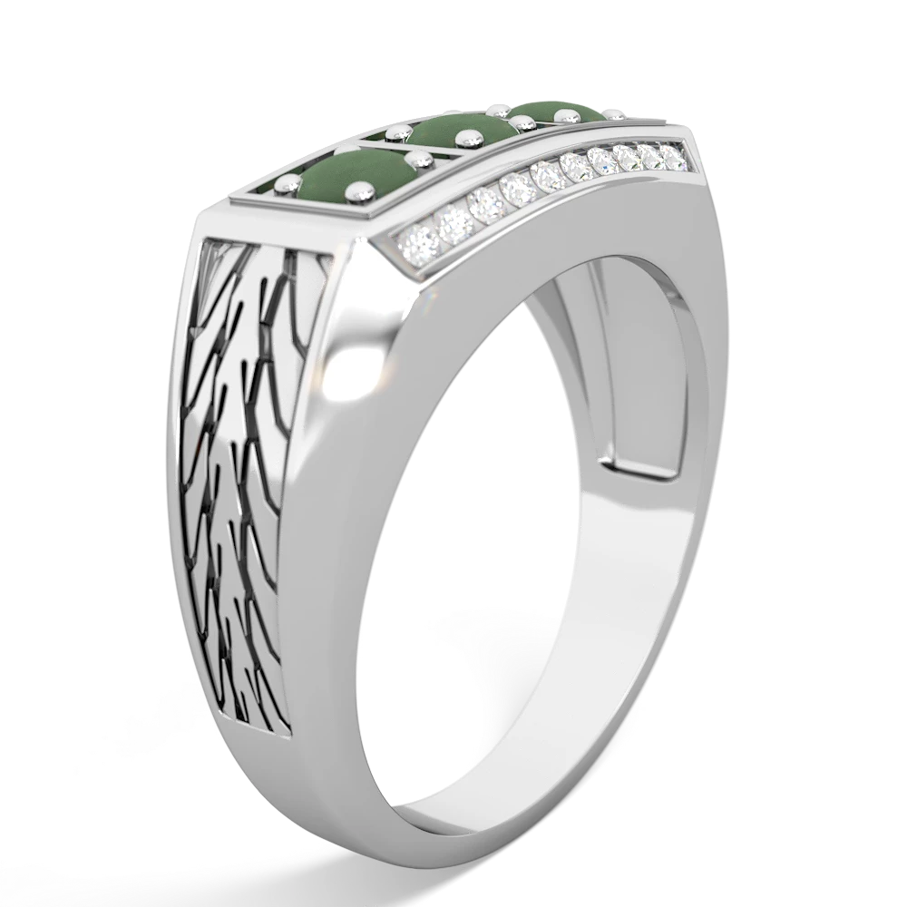 Jade Three Stone Tire Tread Men's 14K White Gold ring R0520