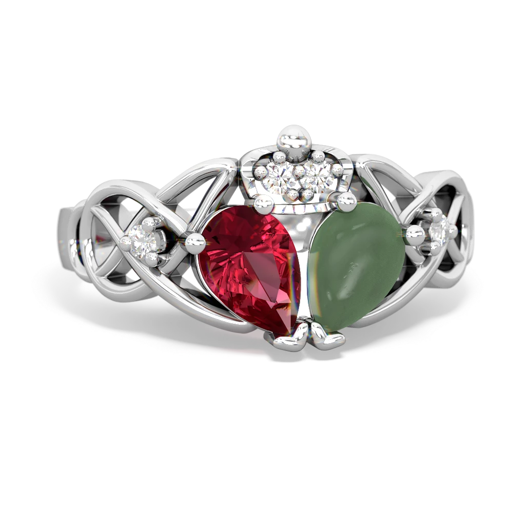 Jade 'One Heart' Celtic Knot Claddagh 14K White Gold ring R5322