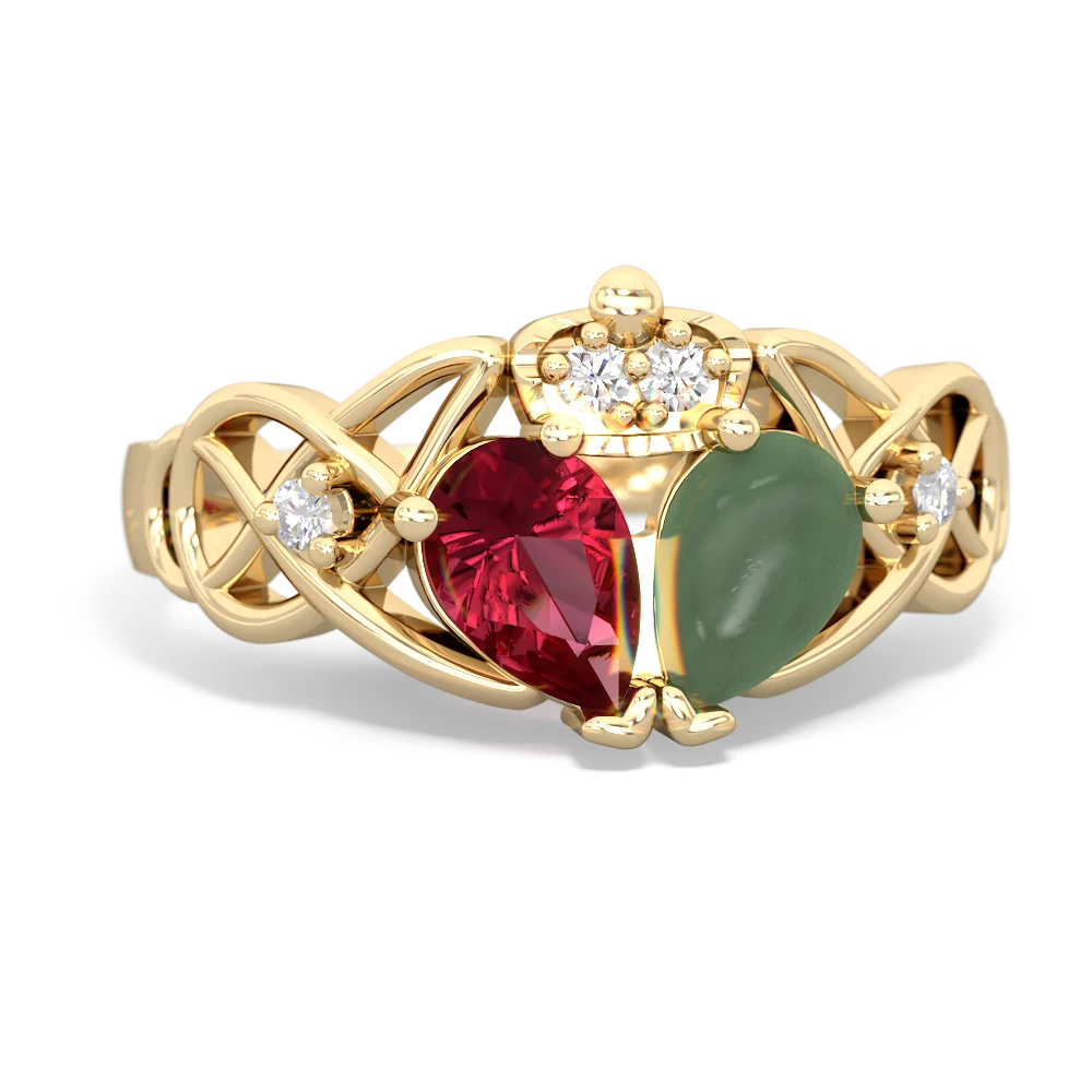 Jade 'One Heart' Celtic Knot Claddagh 14K Yellow Gold ring R5322