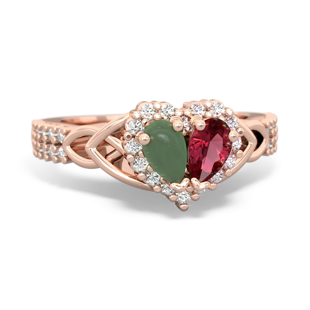 Jade Celtic Knot Two Hearts As One 14K Rose Gold ring R2644HRT