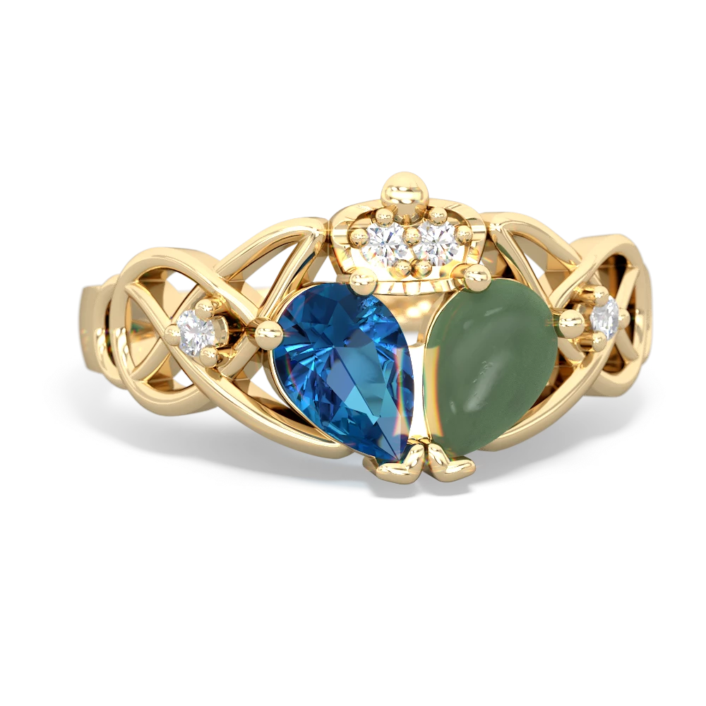 Jade 'One Heart' Celtic Knot Claddagh 14K Yellow Gold ring R5322