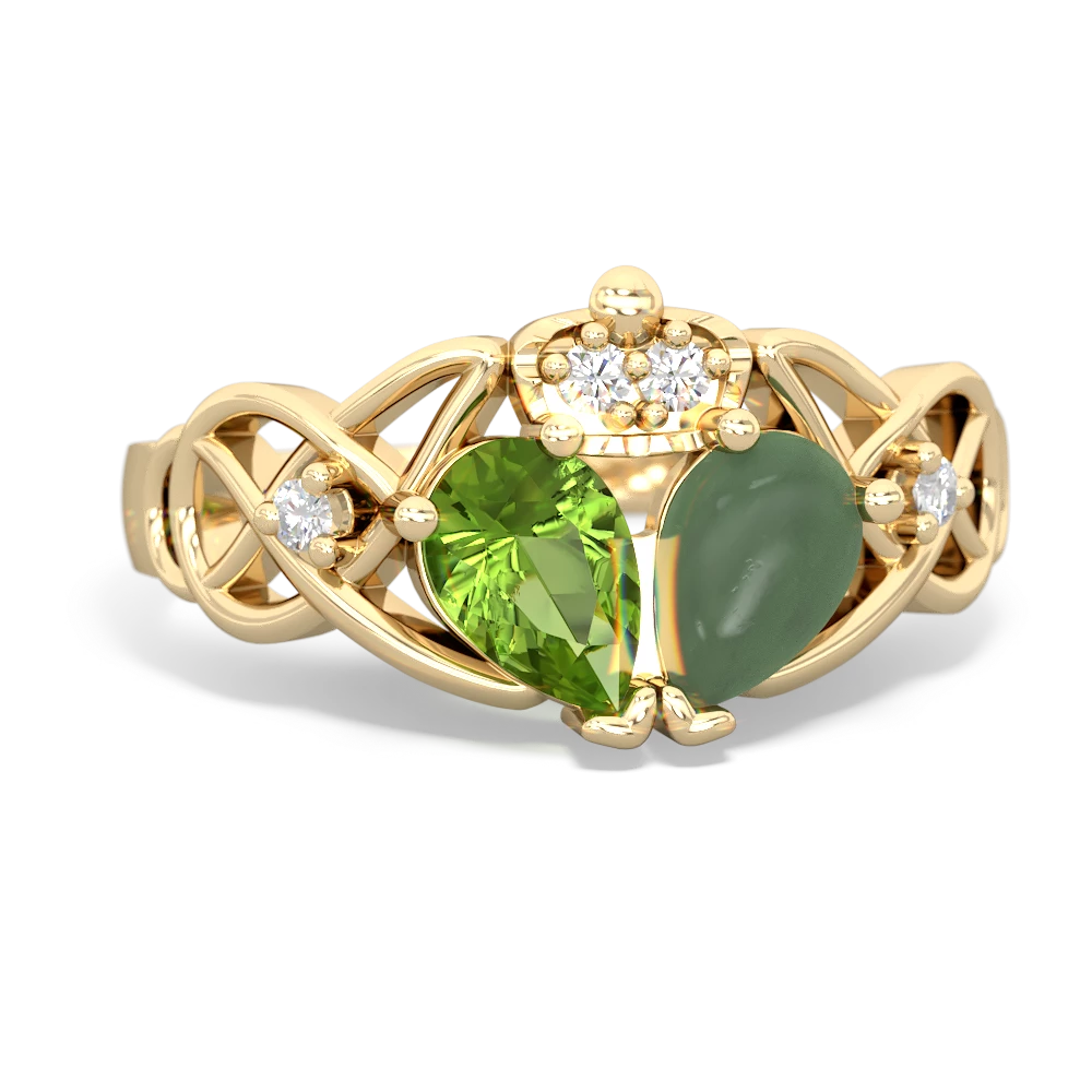 Jade 'One Heart' Celtic Knot Claddagh 14K Yellow Gold ring R5322