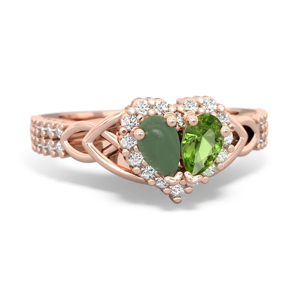 Jade Celtic Knot Two Hearts As One 14K Rose Gold ring R2644HRT