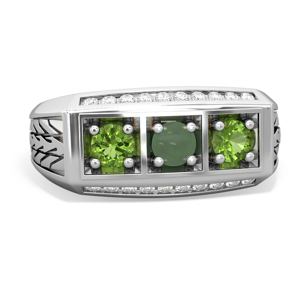 Jade Three Stone Tire Tread Men's 14K White Gold ring R0520