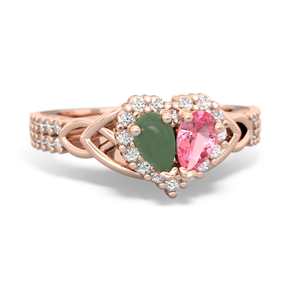 Jade Celtic Knot Two Hearts As One 14K Rose Gold ring R2644HRT