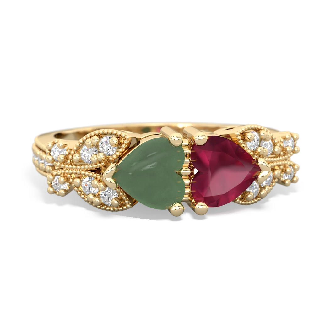 Jade Diamond Butterflies 14K Yellow Gold ring R5601