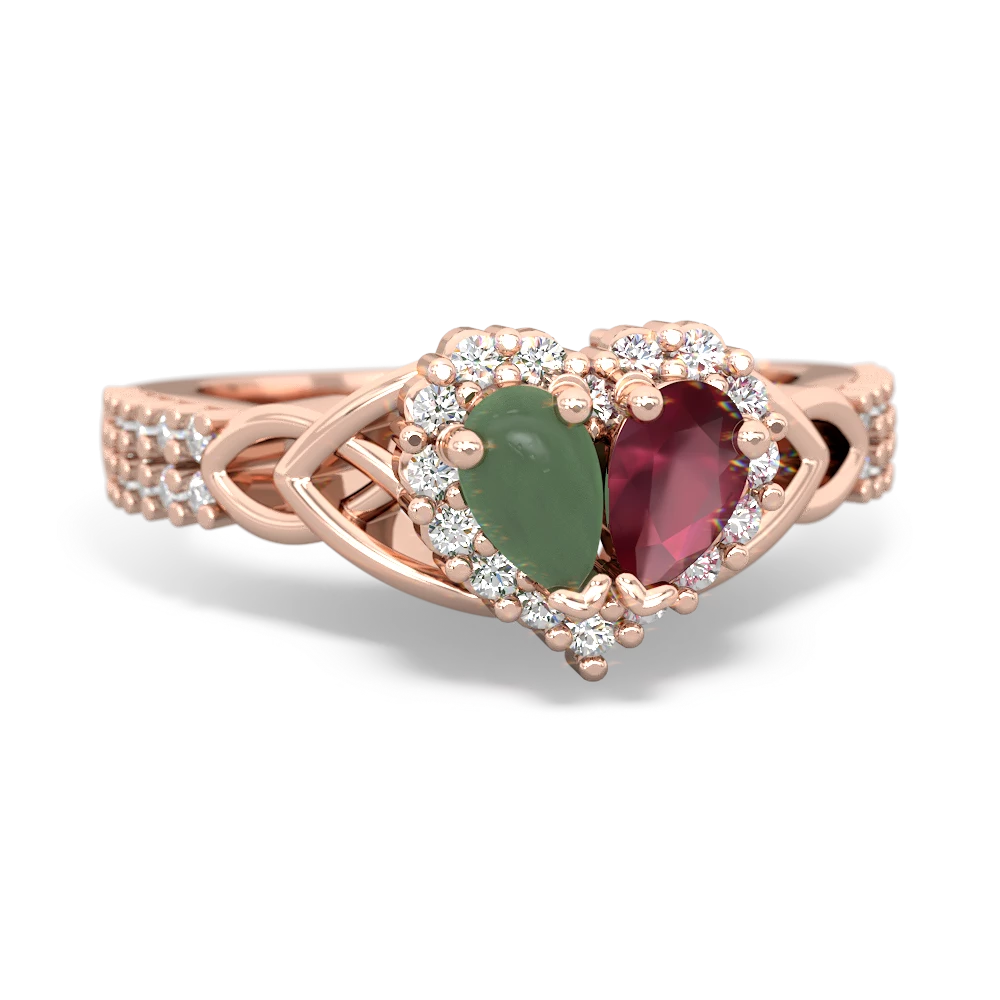 Jade Celtic Knot Two Hearts As One 14K Rose Gold ring R2644HRT