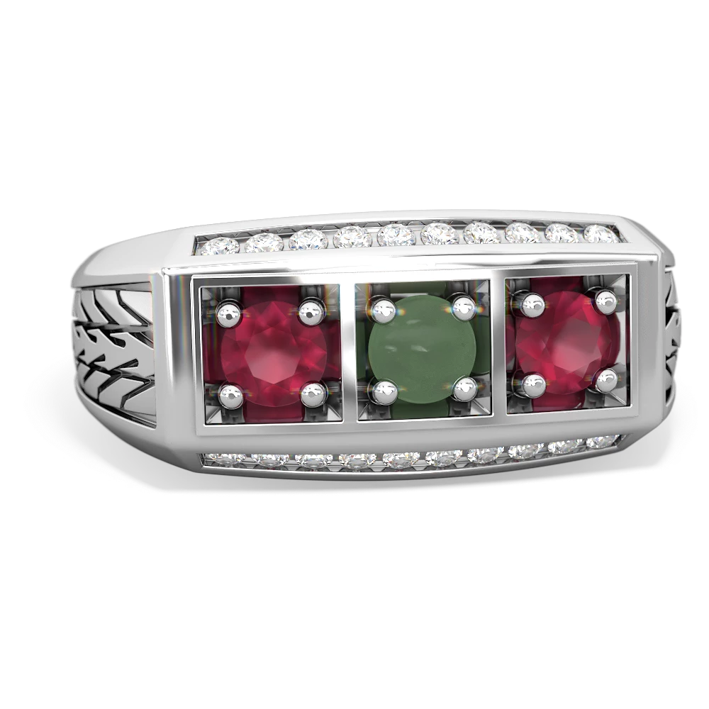 Jade Three Stone Tire Tread Men's 14K White Gold ring R0520