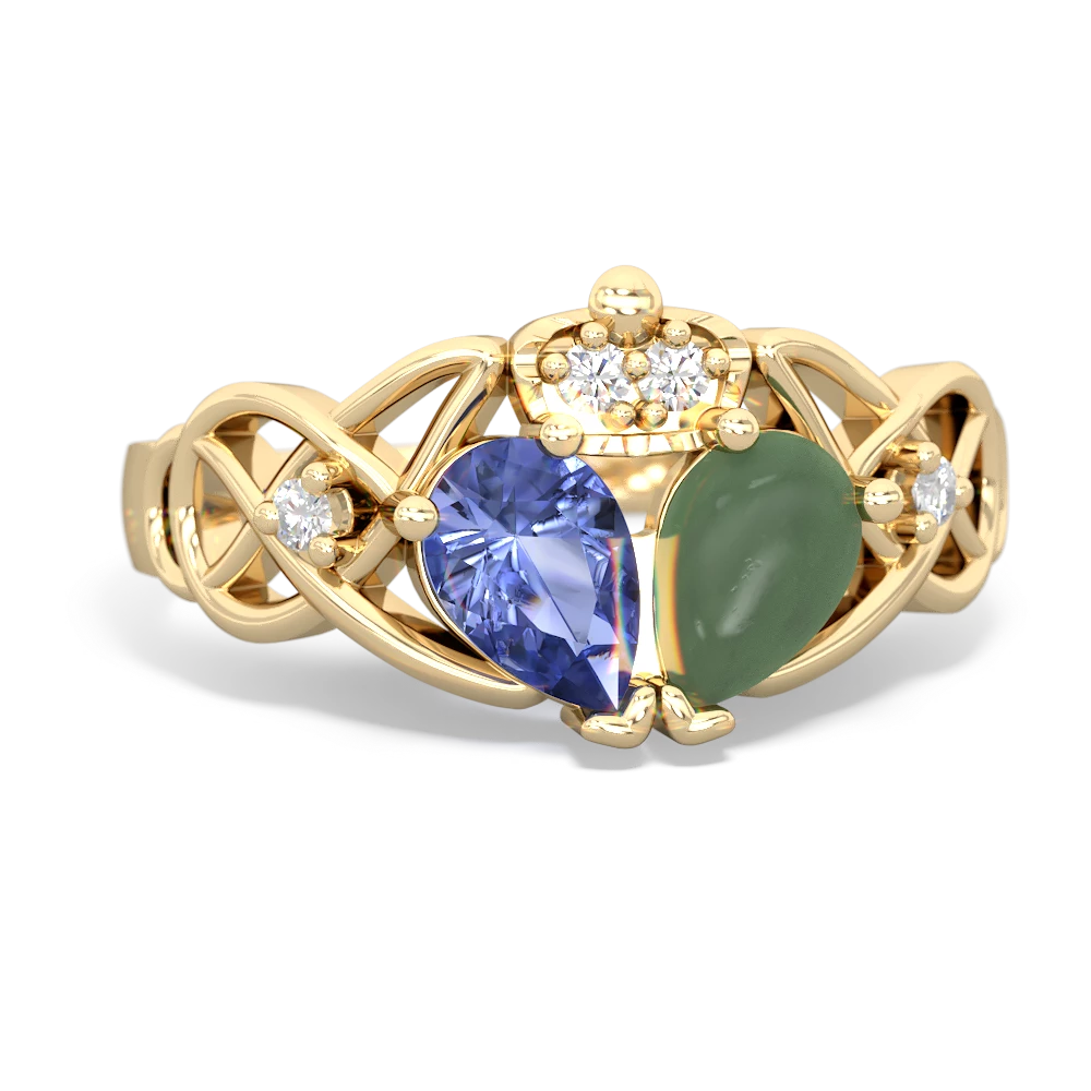 Jade 'One Heart' Celtic Knot Claddagh 14K Yellow Gold ring R5322